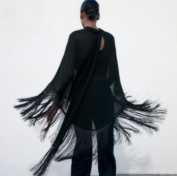 ZARA MESH FRINGED GAUZE CAPE
High collar cape with multi-positional tie detail. - Picture 3 of 13